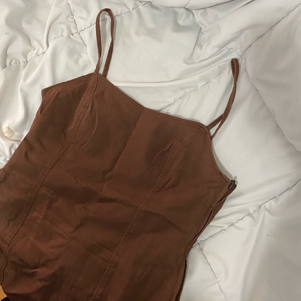 Spaghetti strap brown mini denim dress